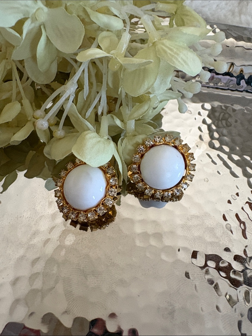 Elegant White Cabochon Gold-Trim Crystal Halo Clip On Earrings